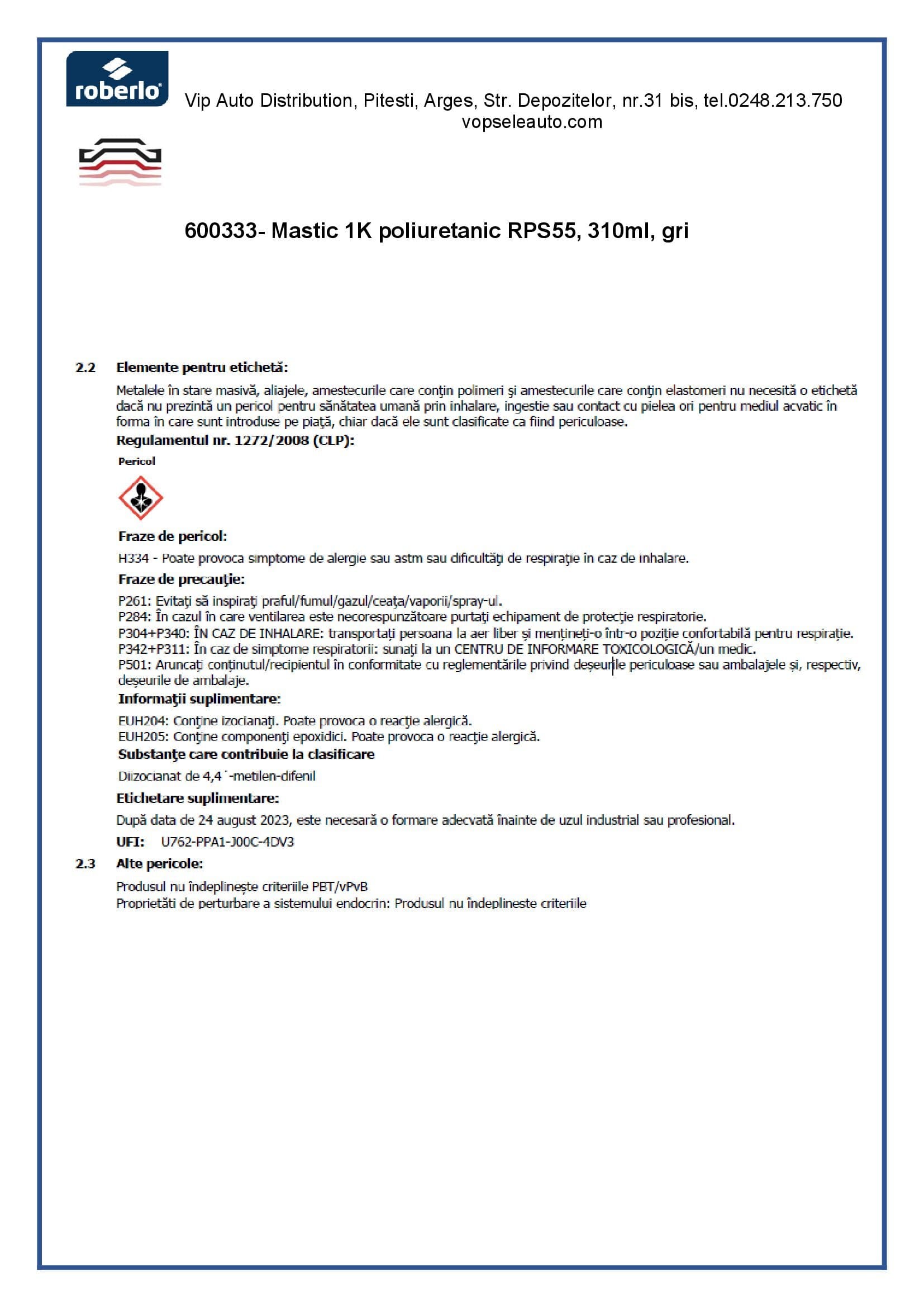 Mastic 1K RPS55, 310ml, Roberlo, gri
